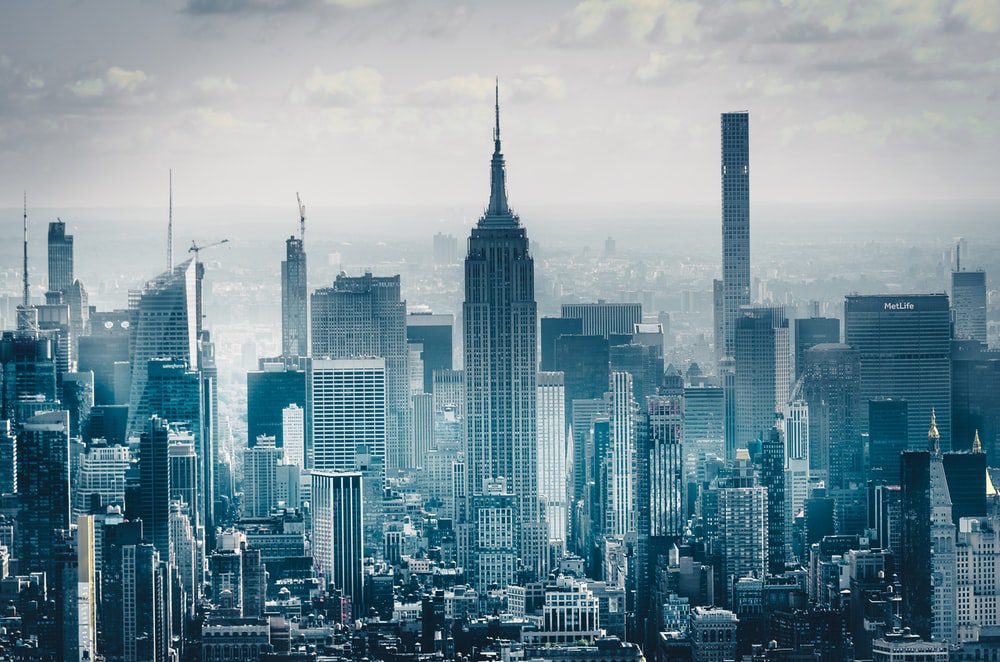 A view of the city skyline from above.