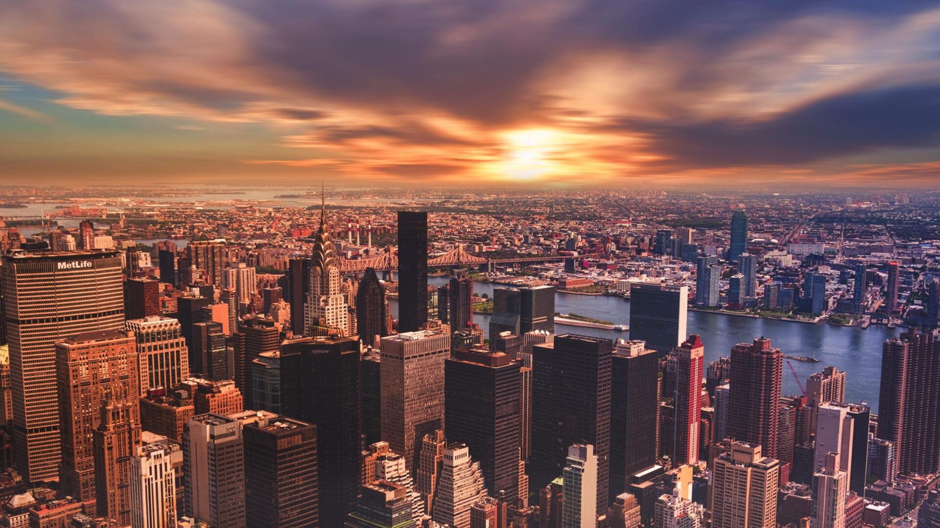 A view of the city skyline at sunset.