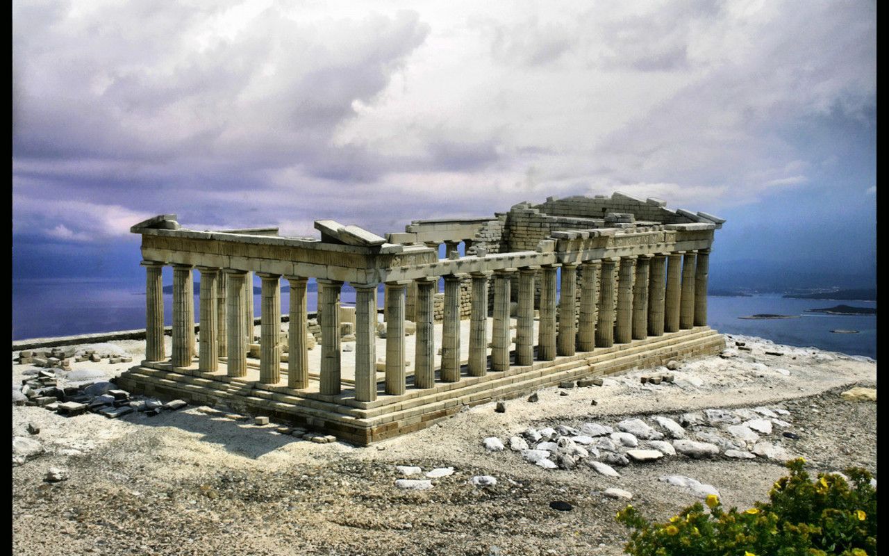 A view of an ancient greek temple from above.