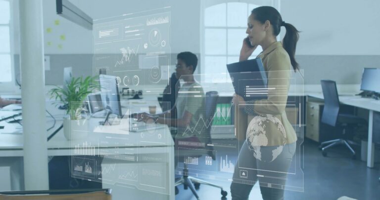 Business professionals collaborating in a modern office space.